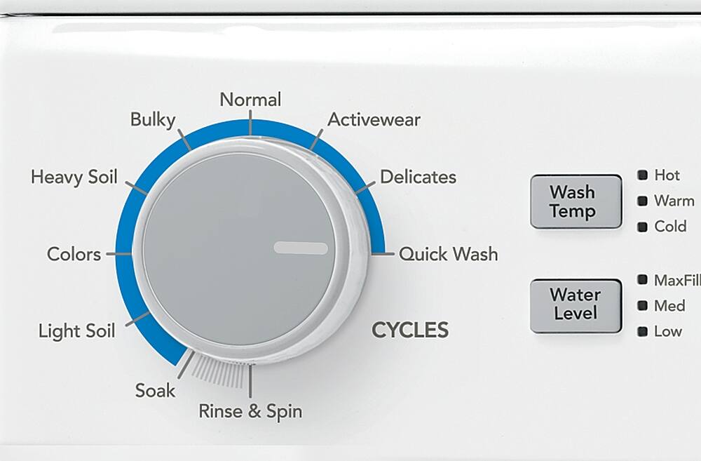 The image features a close-up of a washing machine control panel with a dial for selecting the type of cycle. The dial has options for Bulky, Normal, Activewear, Heavy Soil, Colors, Light Soil, Delicates, Quick Wash, and Water Level. The control panel also has buttons for Wash Temp, Hot, Warm, Cold, MaxFill, and Medium Low. The image emphasizes the importance of selecting the appropriate cycle and settings for the type of laundry being washed.