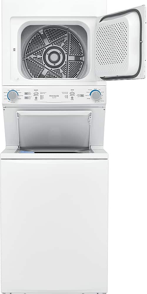 The image features a white washing machine with its door open, revealing the interior. The machine is a Frigidaire model, and it has a spin cycle. The washer is designed to be energy-efficient, making it a practical choice for households looking to save on utility costs.