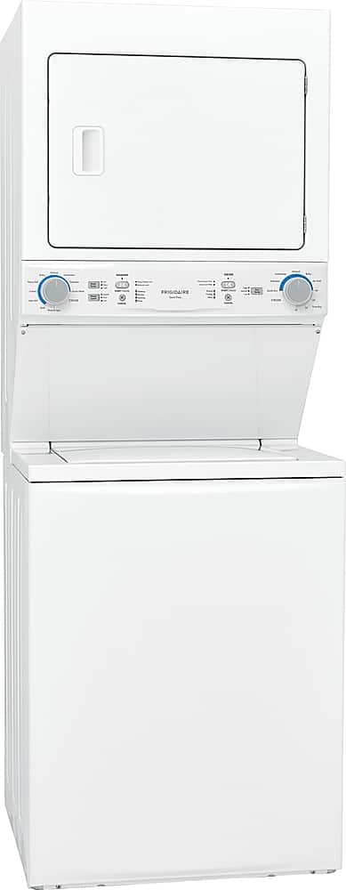 The image features a white washer and dryer combo, with the washer on the left and the dryer on the right. The washer has a control panel with two knobs, and the dryer has a control panel with a single knob. The appliances are both white and stand out against a white background. The Frigidaire brand is visible on the dryer.