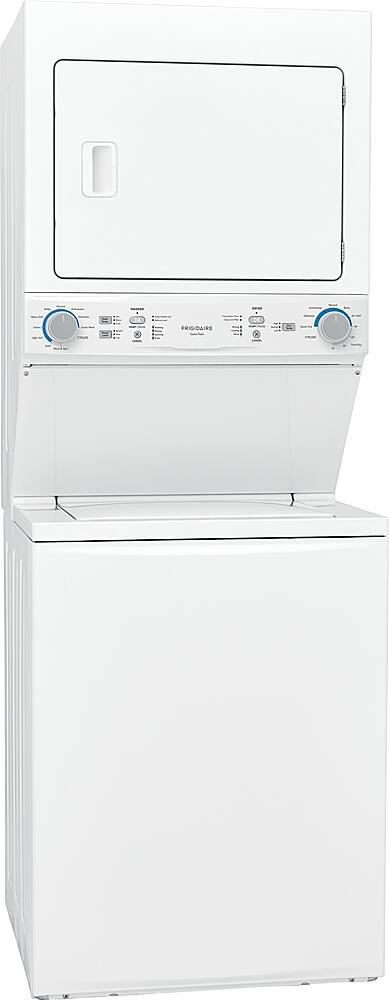 The image features a white washer and dryer combo, with the washer on the left and the dryer on the right. The washer has a control panel with two knobs, and the dryer has a control panel with a single knob. The appliances are both white and stand out against a white background. The Frigidaire brand is visible on the dryer.
