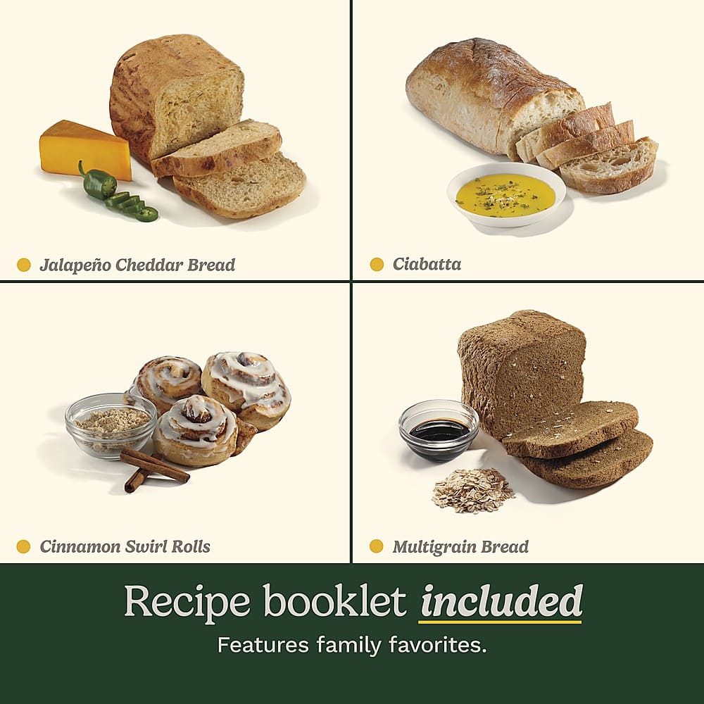 The text on the image is grouped as follows:
1. Jalapeo Cheddar Bread
2. Ciabatta
3. Cinnamon Swirl Rolls
4. Multigrain Bread
5. Recipe booklet included
6. Features family favorites.