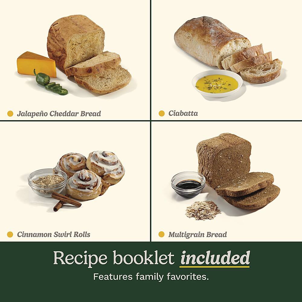 The text on the image is grouped as follows:

1. Jalapeo Cheddar Bread
2. Ciabatta
3. Cinnamon Swirl Rolls
4. Multigrain Bread
5. Recipe booklet included
6. Features family favorites.