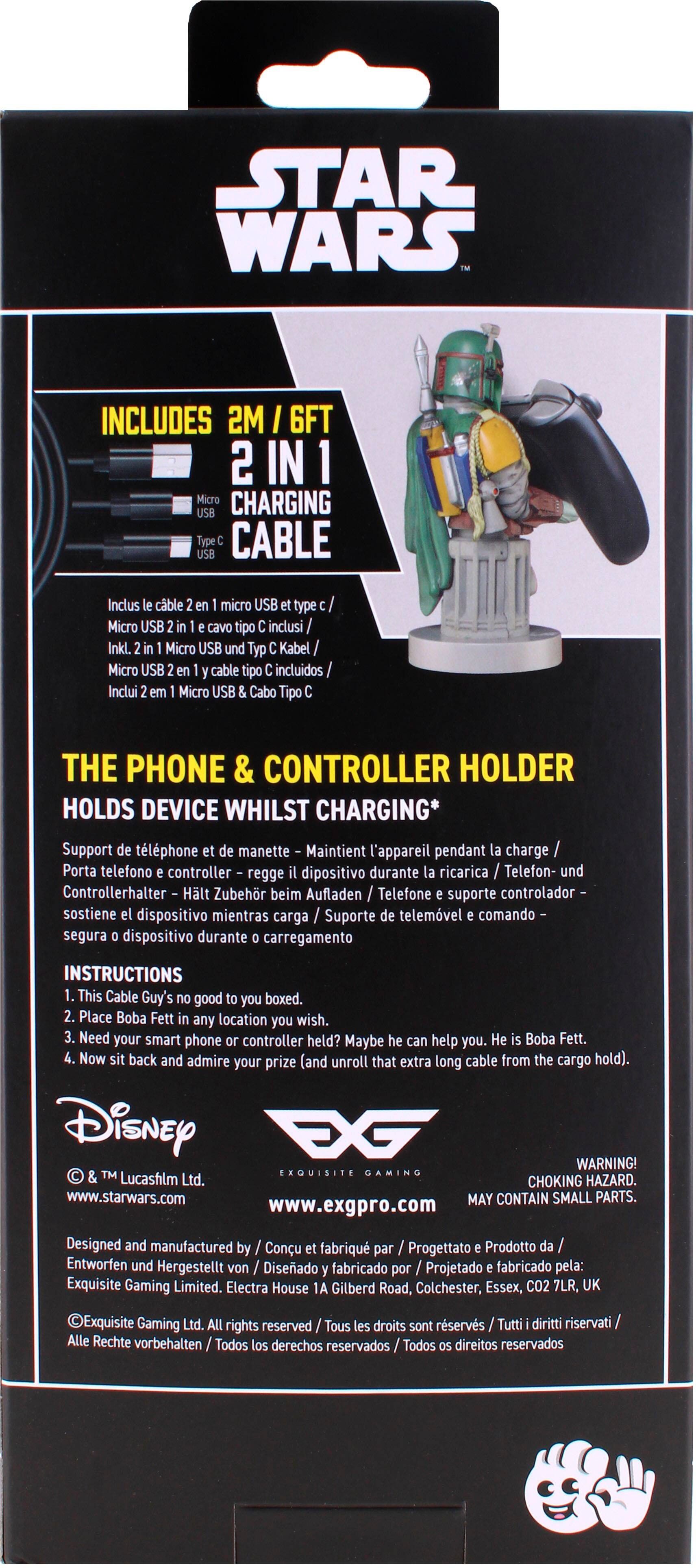 The image features a Star Wars-themed product, which includes a 2-in-1 Micro USB cable and a phone and controller holder. The holder is designed to hold a device while it is charging, and it is compatible with various smartphones and controllers. The product comes with instructions and is suitable for use with smartphones and gaming devices. The packaging also includes a warning about potential choking hazards and small parts, and it is designed by Lucasfilm Ltd.