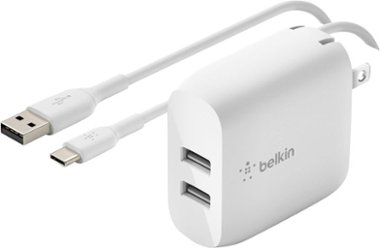 Belkin - 24W Dual Port USB Wall Charger with USB C Cable - Fast Charging for iPhone, Galaxy , Pixel & More - White - Front_Zoom
