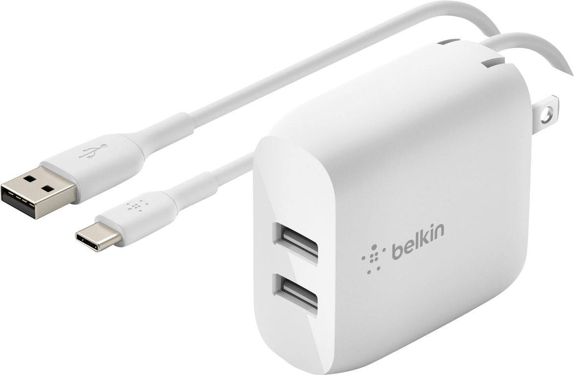 Front. Belkin - 24W Dual Port USB Wall Charger with USB C Cable - Fast Charging for iPhone, Galaxy , Pixel & More - White.