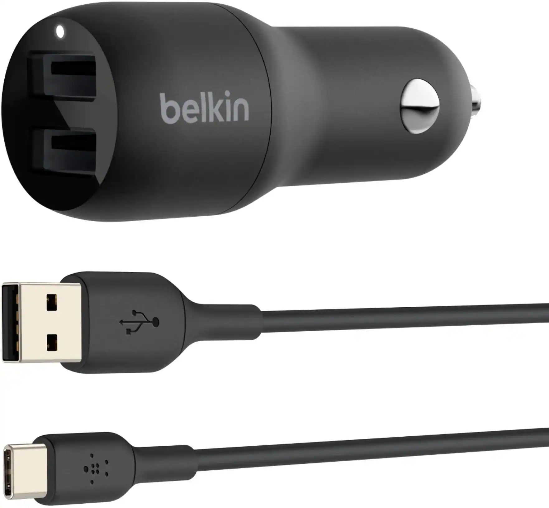 Front. Belkin - 24W Dual USB Car Charger - 2 12W USB A Ports with USB-C Cable - Fast Charging iPhone, Samsung Galaxy, AirPods & More - Black.