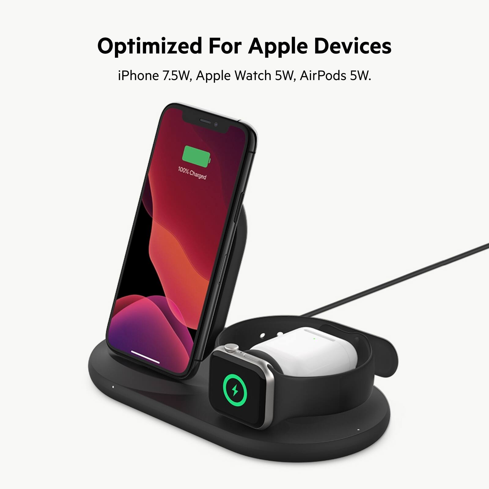 Optimized For Apple Devices iPhone 7.5W, Apple Watch 5W, AirPods 5W. 100% Charged.