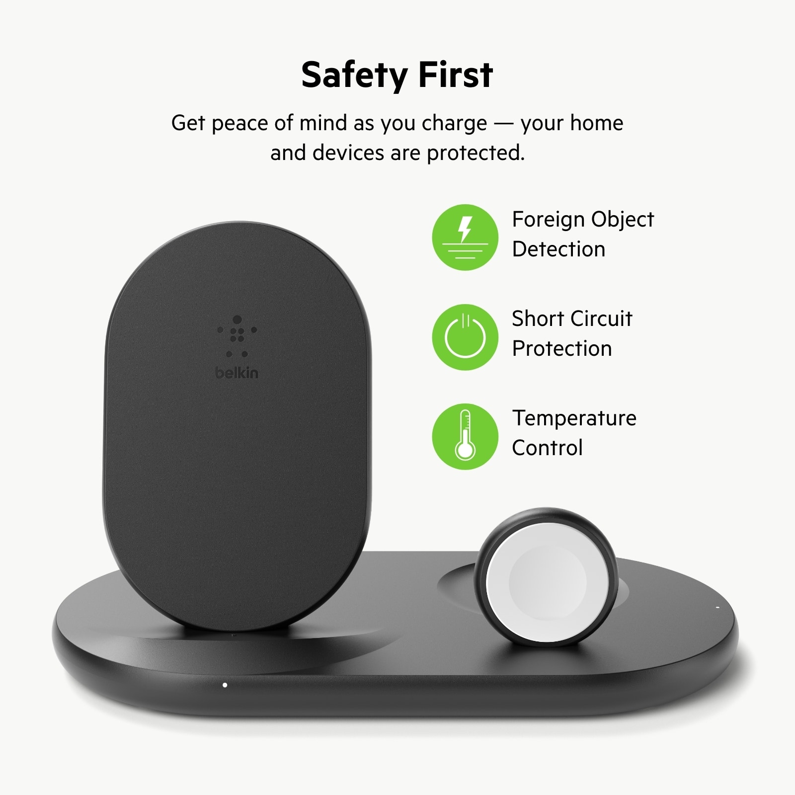 Safety First Get peace of mind as you charge - your home and devices are protected. 4 Foreign Object Detection belkin Short Circuit Protection Temperature Control.