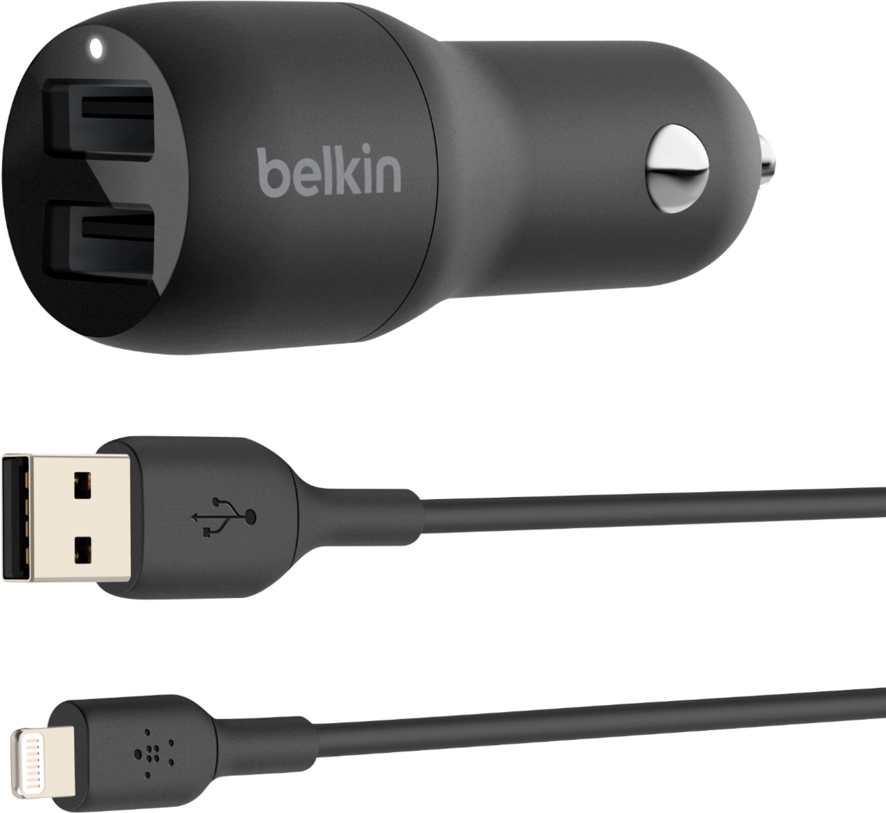 Belkin - Boost Charge Dual USB-A Car Charger 24W + Lightning to USB-A Cable - Black