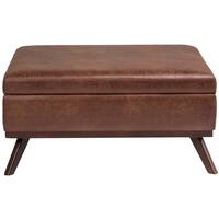 Simpli Home - Owen Square Mid-Century Modern Faux Air Leather Ottoman With Inner Storage - Distressed Saddle Brown - Front_Zoom