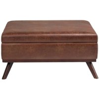 Simpli Home - Owen Square Mid-Century Modern Faux Air Leather Ottoman With Inner Storage - Distressed Saddle Brown - Front_Zoom