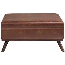 Simpli Home - Owen Square Mid-Century Modern Faux Air Leather Ottoman With Inner Storage - Distressed Saddle Brown