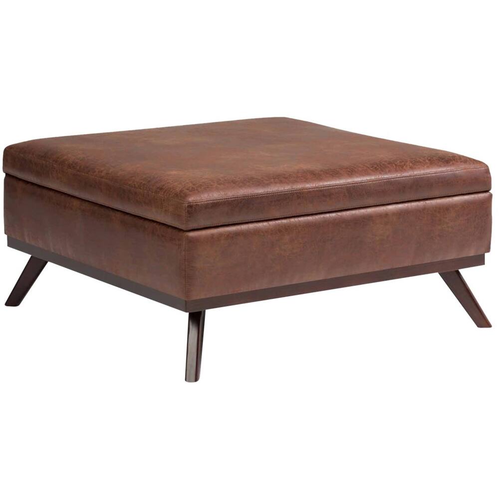 Alt View 11. Simpli Home - Owen Square Mid-Century Modern Faux Air Leather Ottoman With Inner Storage - Distressed Saddle Brown.