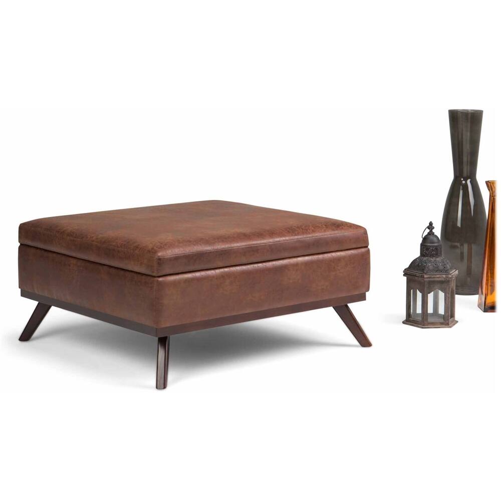 Alt View 17. Simpli Home - Owen Square Mid-Century Modern Faux Air Leather Ottoman With Inner Storage - Distressed Saddle Brown.