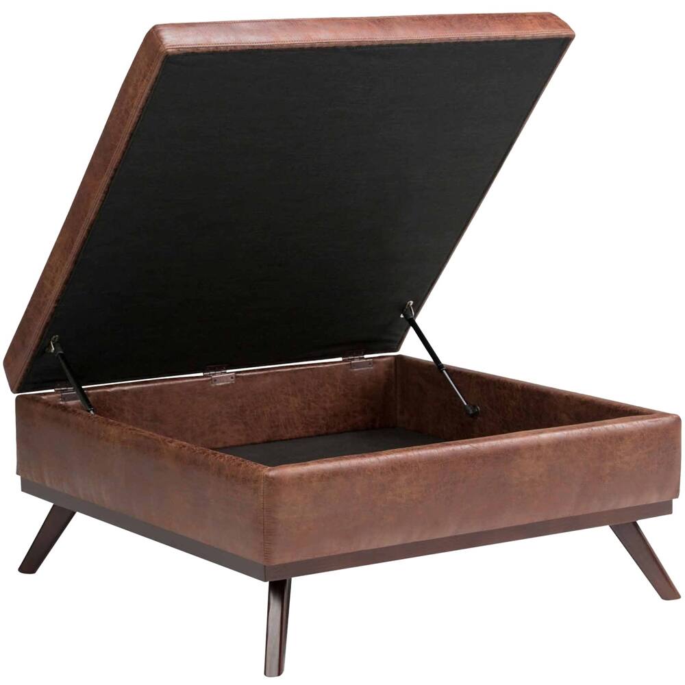 Left. Simpli Home - Owen Square Mid-Century Modern Faux Air Leather Ottoman With Inner Storage - Distressed Saddle Brown.