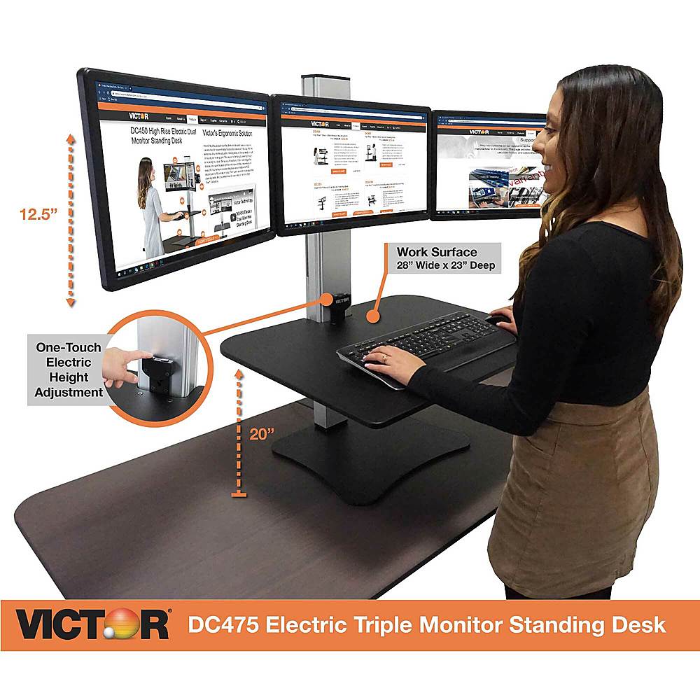 Victor High Rise Electric Triple Monitor Standing Desk Black 