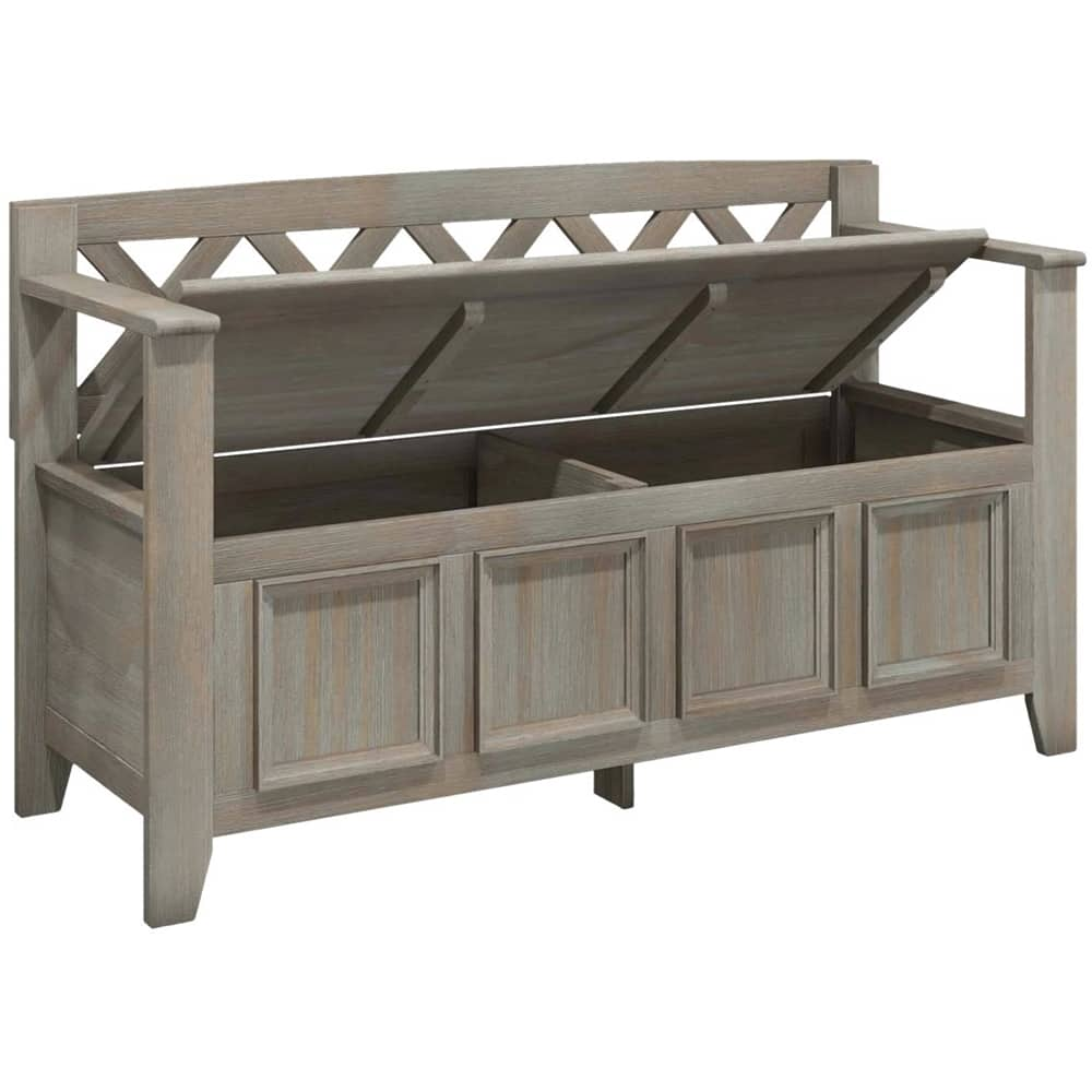 Left View: Simpli Home - Amherst Solid Pine Wood Storage Bench with Backrest - Gray