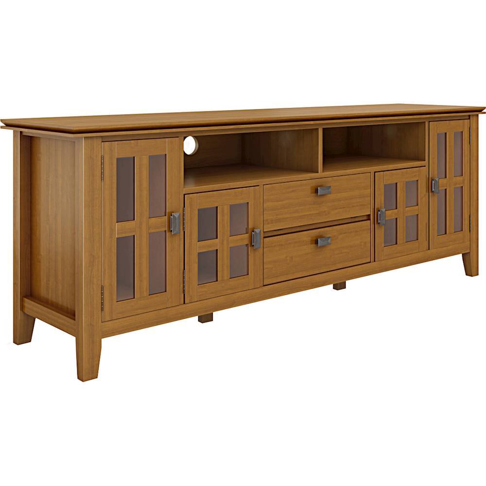 Angle. Simpli Home - Artisan 72W Low TV Stand with Drawers, Glass Doors and Cubbies - Honey Brown.