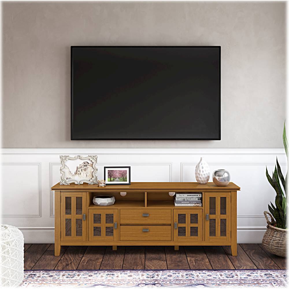 Alt View 16. Simpli Home - Artisan 72W Low TV Stand with Drawers, Glass Doors and Cubbies - Honey Brown.