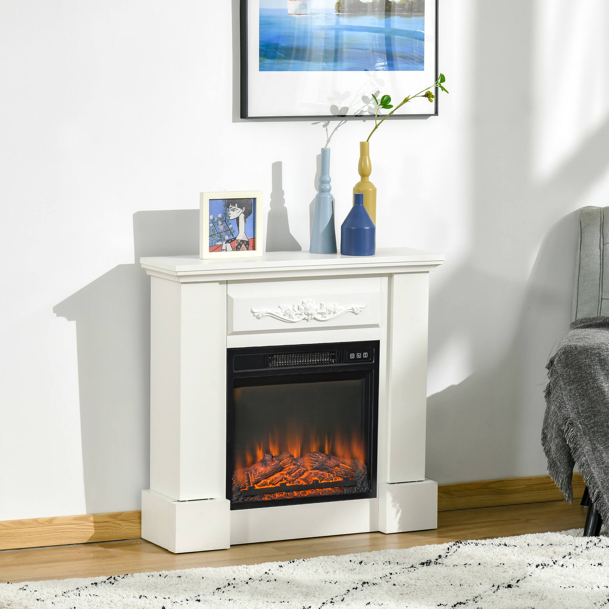 Angle. Homcom - 32" Electric Fireplace with Mantel, Freestanding Heater with LED Log Flame, Overheat Protection and Remote Control.