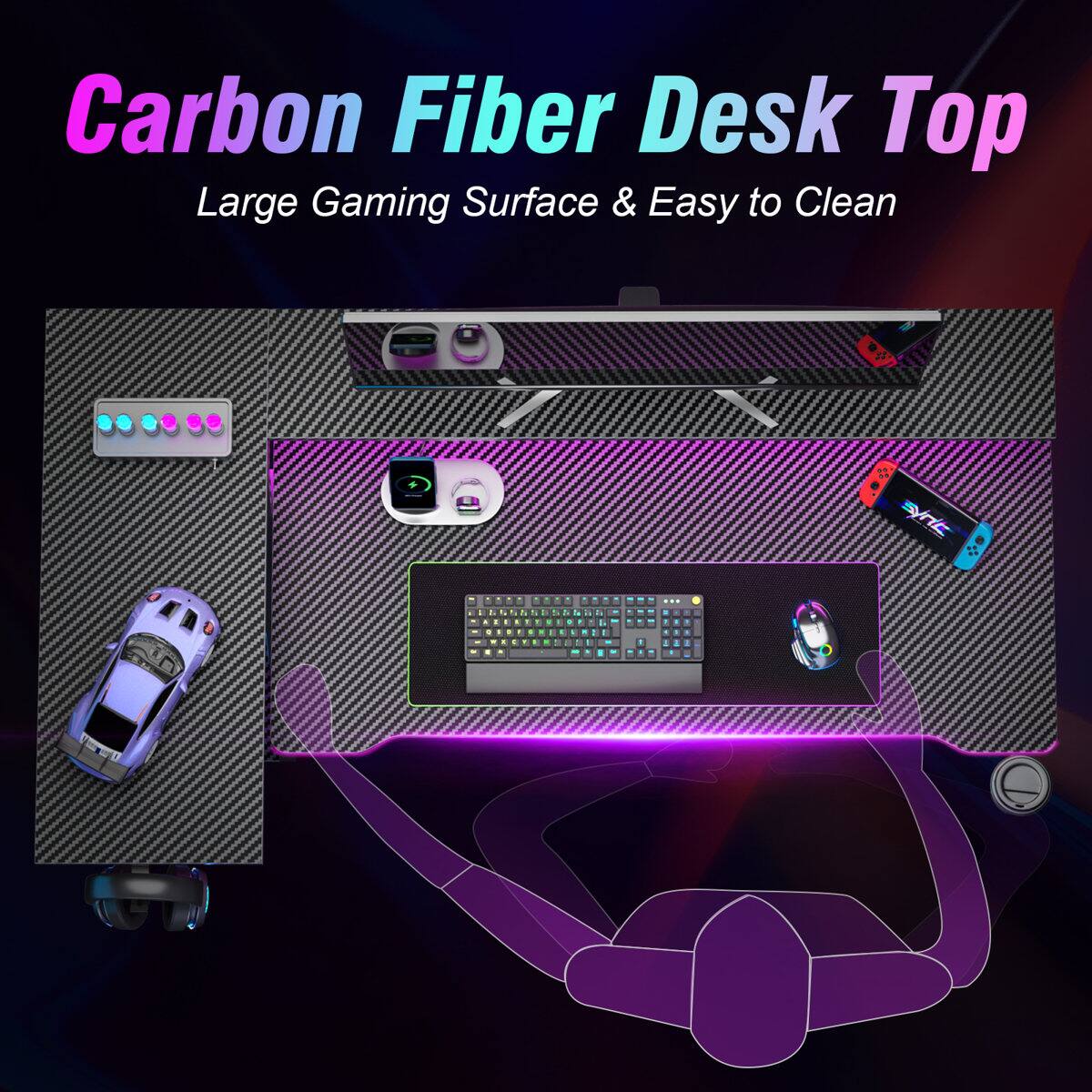 Carbon Fiber Desk Top  
Large Gaming Surface & Easy to Clean