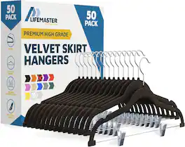 Lifemaster - Velvet Skirt Hangers – Adjustable Clips, Swivel Hook, Non-Slip Notch, Holds 10 lbs, Pack of 50 - Brown
