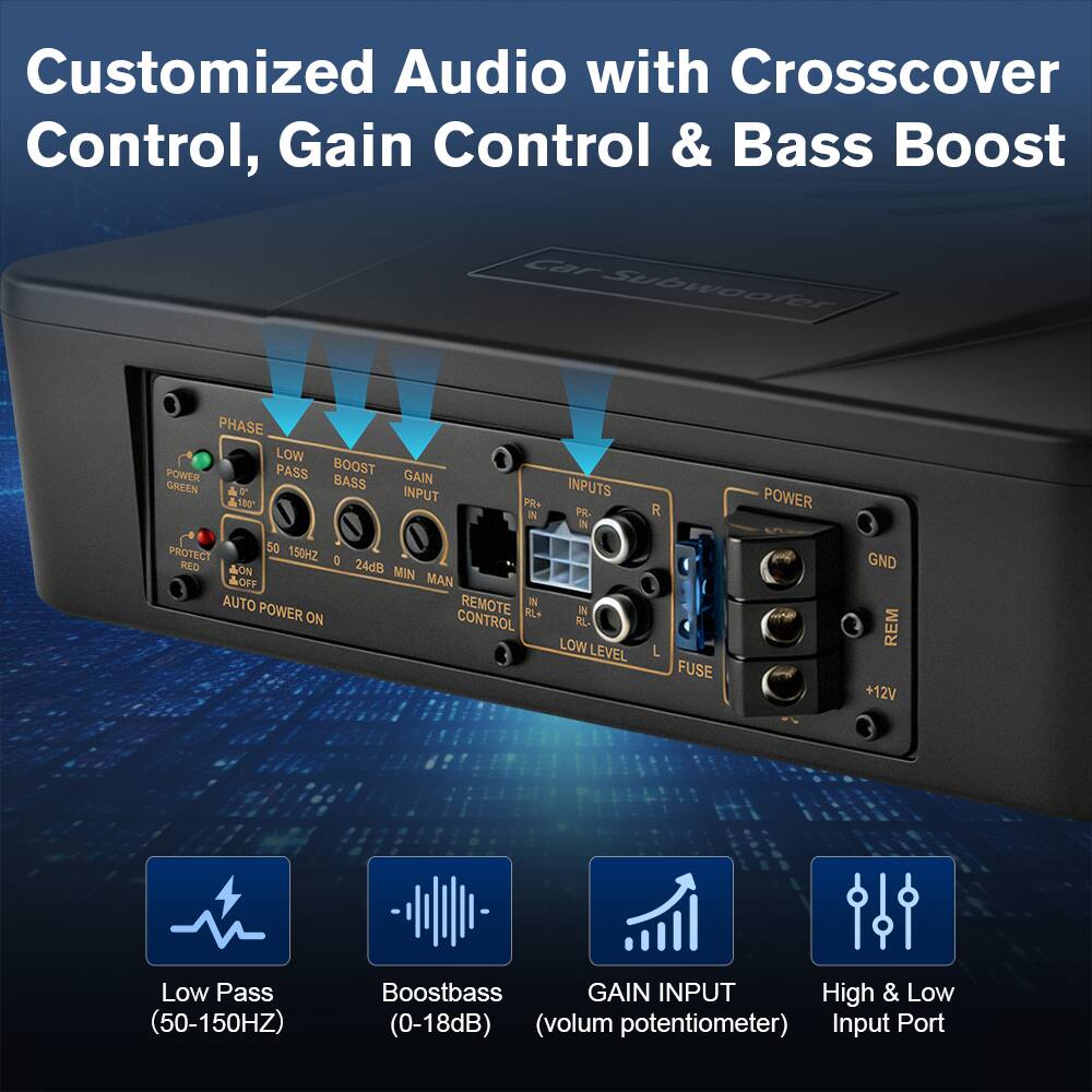Customized Audio with Crossover Control, Gain Control & Bass Boost

- Low Pass (50-150HZ)
- Boostbass (0-18dB)
- GAIN INPUT (volume potentiometer)
- High & Low Input Port