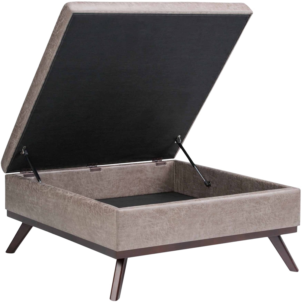 Simpli Home Owen Tray Top Small Coffee Table Storage Ottoman in Distressed Grey Faux Leather