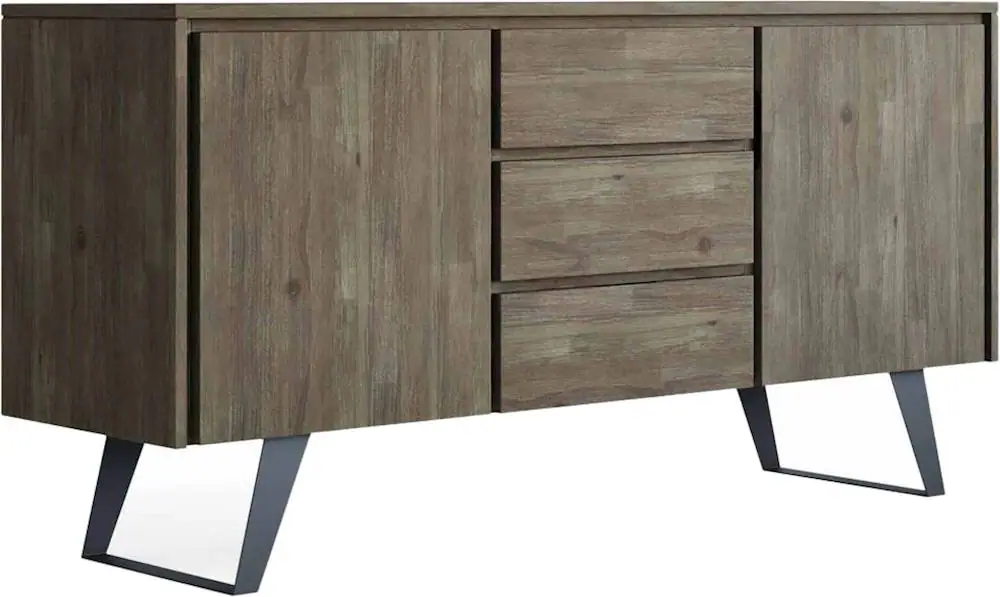 Angle. Simpli Home - Lowry Modern Industrial Acacia Wood And Metal 2-Door 3-Drawer Sideboard - Distressed Gray.