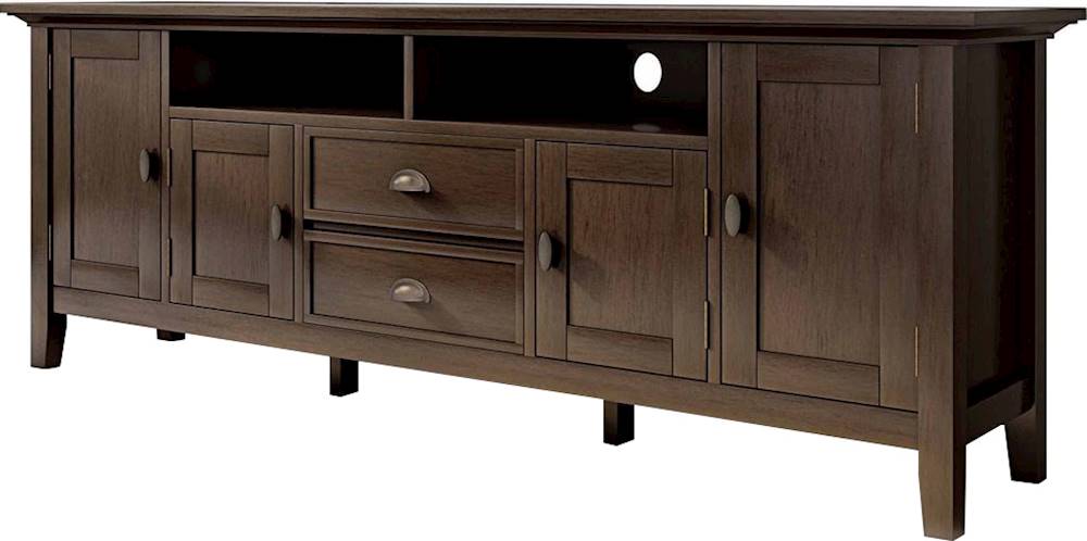 Left View: Simpli Home - Redmond SOLID WOOD 72 inch Wide Transitional TV Media Stand in Brunette Brown For TVs up to 80 inches - Brunette Brown