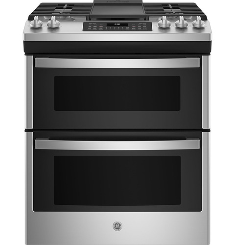 GE - 6.7 Cu. Ft. Slide-In Double-Oven Gas Range with Steam-Cleaning - Stainless Steel