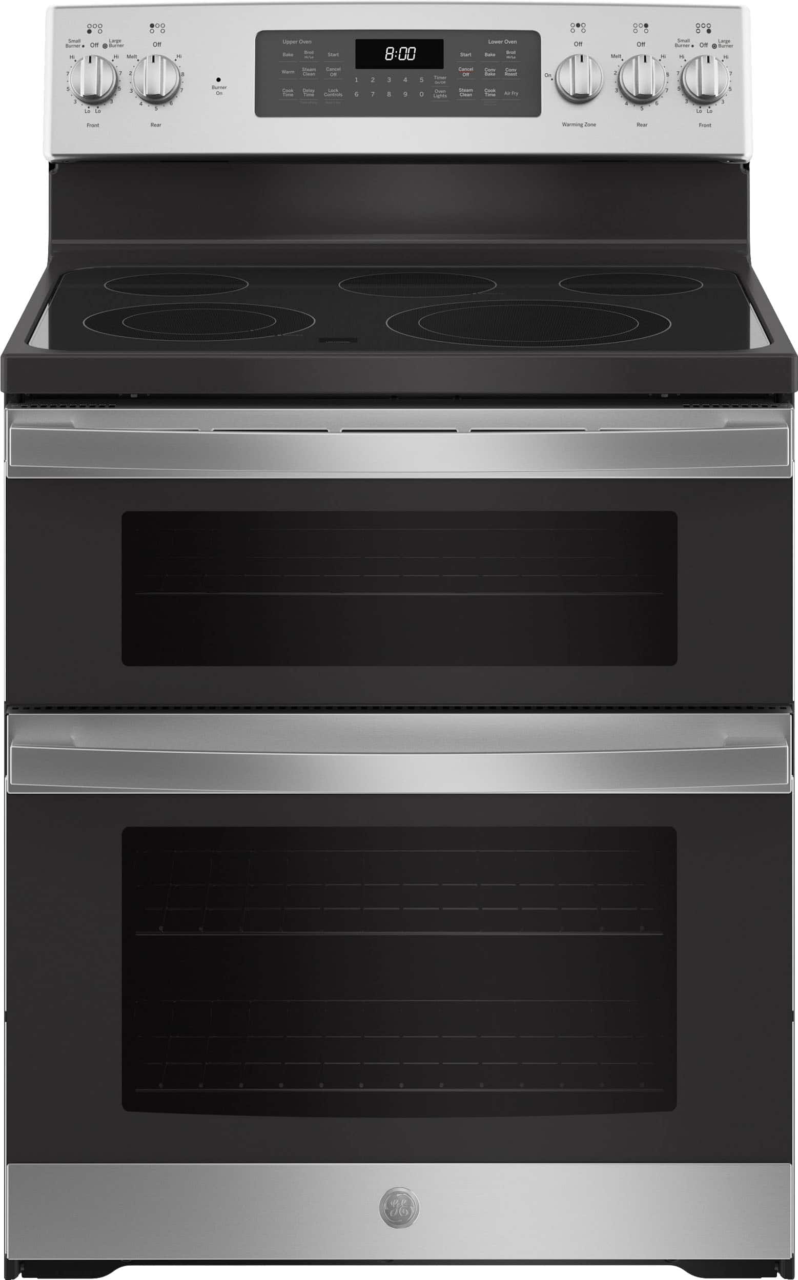 Front. GE - 6.6 Cu. Ft. Freestanding Double Oven Electric Convection Range with Self-Steam Cleaning and No-Preheat Air Fry - Stainless Steel.