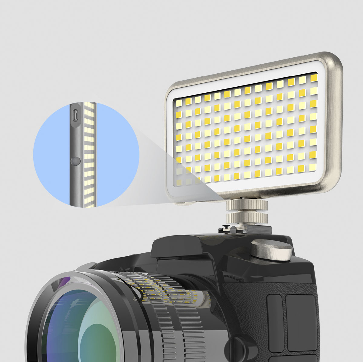 The 112 LED Rechargeable On Camera and Compact Light 3100K-5500K Silver DP-VL112 - Best Buy
