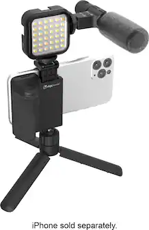 Angle. Digipower - Follow ME Vlogging Kit for Phones and Cameras – Includes Microphone, LED light, Bluetooth remote, phone grip and tripod.