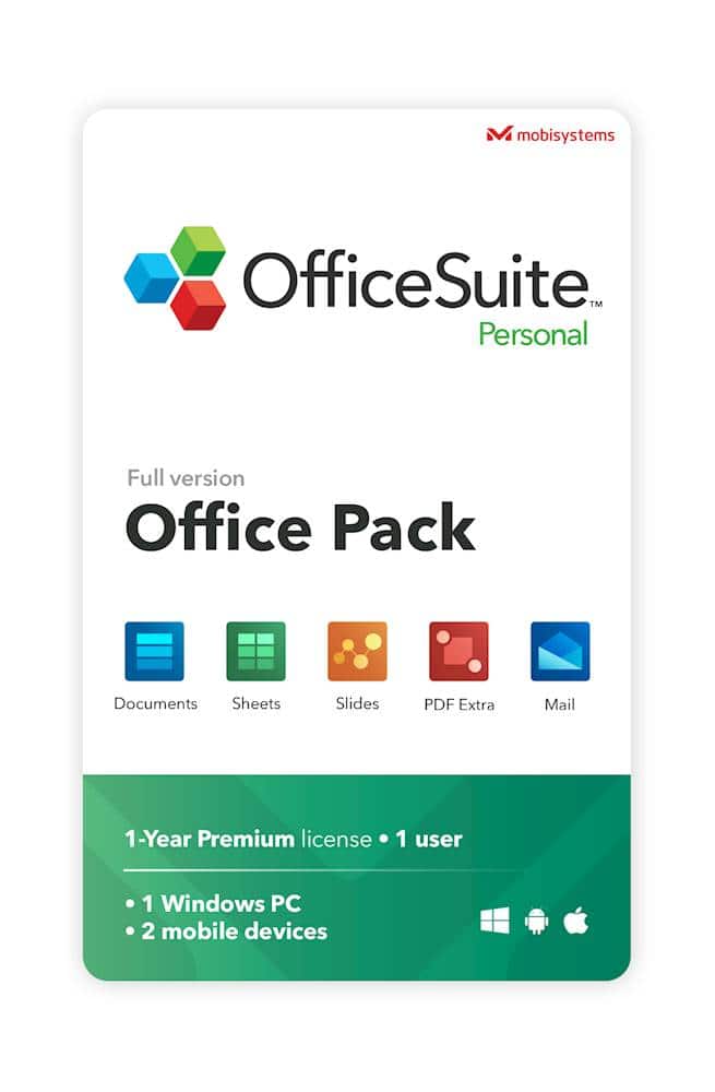 Front. mobisystems - OfficeSuite Personal -1 year subscription, 1 PC & 2 mob devices - Documents, Sheets, Slides, Mail, Calendar, PDF Viewer.
