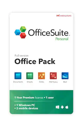Front. mobisystems - OfficeSuite Personal -1 year subscription, 1 PC & 2 mob devices - Documents, Sheets, Slides, Mail, Calendar, PDF Viewer.