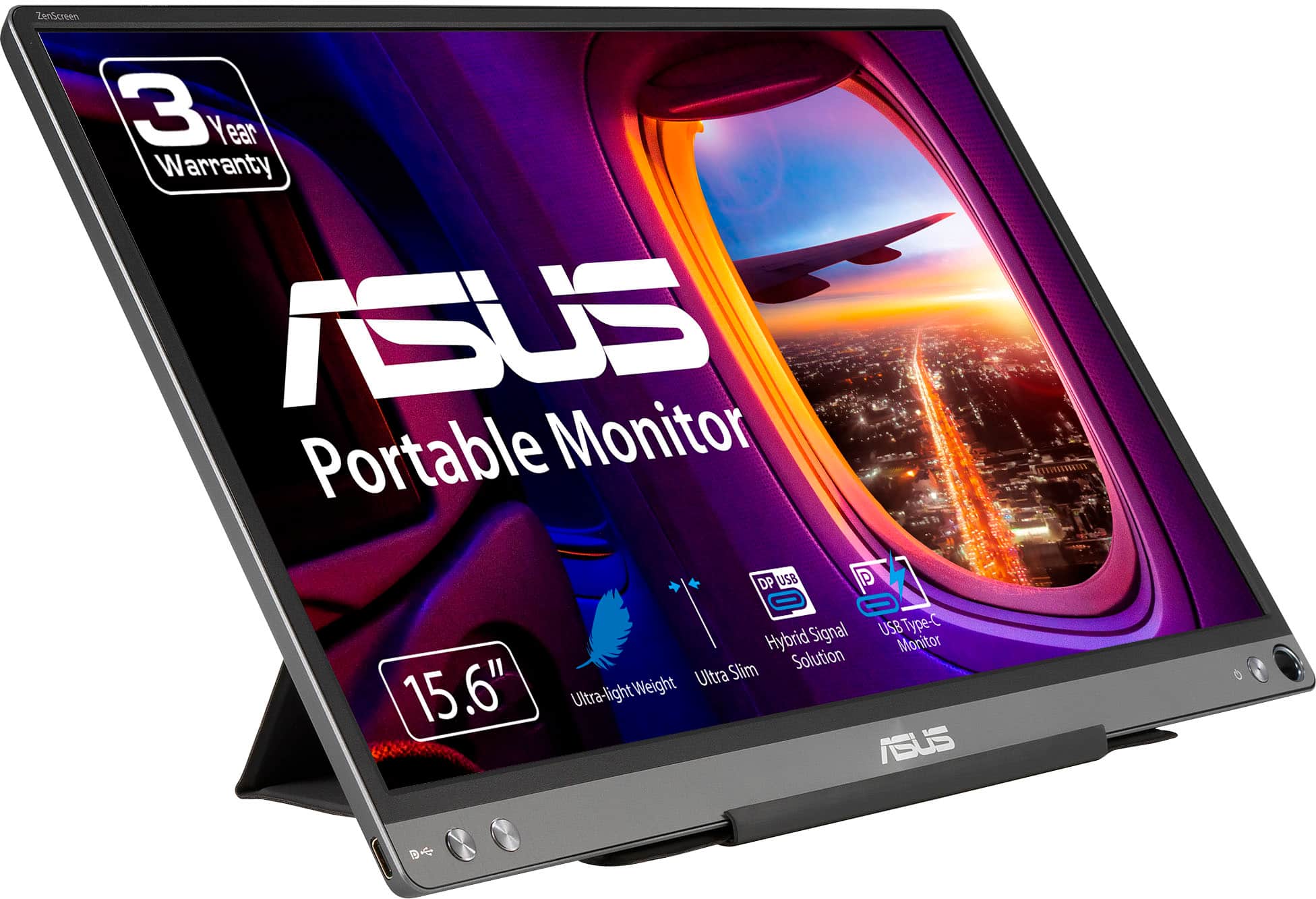 The text on the image reads: "3-year warranty ASUS Portable Monitor 15.6" Ultra-Light Hybrid Monitor Slim Solution".