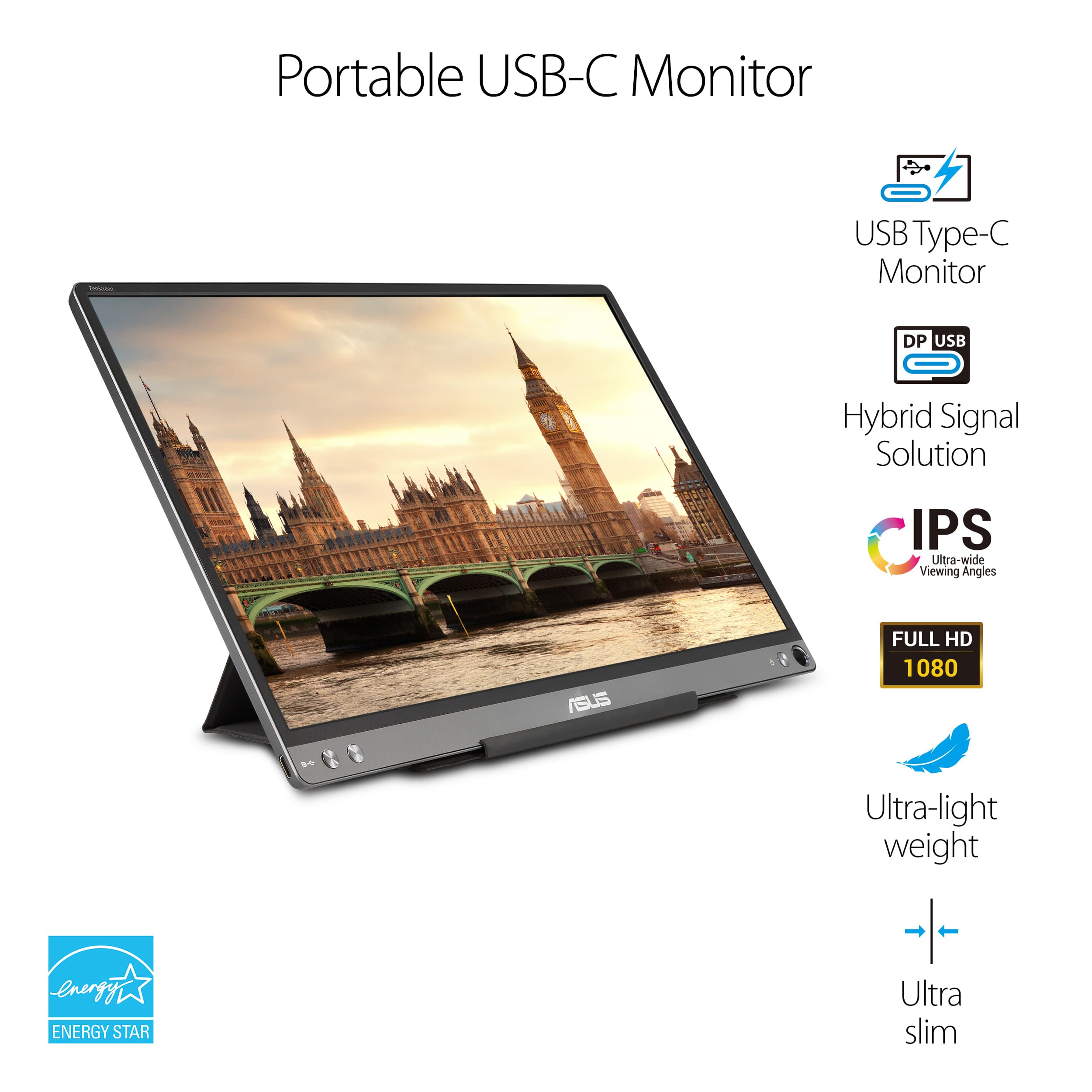 Portable USB-C Monitor: USB Type-C Monitor with DP USB Hybrid Signal Solution. IPS display with Ultra-wide Viewing Angles.