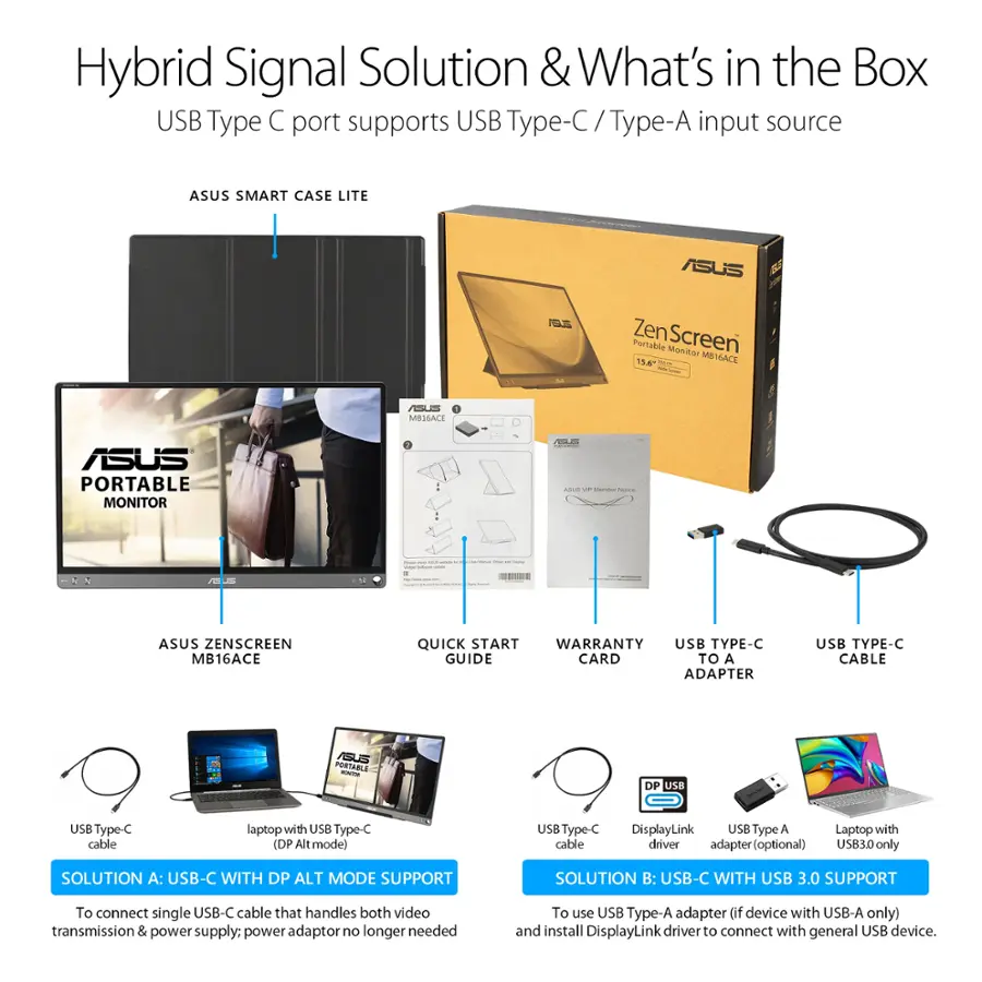 Hybrid Signal Solution & What's in the Box USB Type C port supports USB Type-C p-C/Type-A / input source ASUS SMART CASE LITE ASUS BA  Zen Screen Portable Monitor 15.4 MBT6ACE AILE MEIACE ASUS PORTABLE MONITOR FOR AN - - - : es + ASUS ZENSCREEN MB16ACE QUICK START WARRANTY USB TYPE-C GUIDE CARD TO A ADAPTER USB TYPE-C CABLE ASUE PORTABLE - DP USB USB Type-C cable laptop with USB Type-C (DP Alt mode) USB Type-C cable DisplayLink USB Type A driver adapter (optional) Laptop with USB 3.0 only SOLUTION A: USB-C WITH DP ALT MODE SUPPORT SOLUTION B: USB-C WITH USB 3.0 SUPPORT To connect single USB-C cable that handles both video transmission & power supply; power adaptor no longer needed To use USB Type-A adapter (if device with USB-A only) and install DisplayLink driver to connect with general USB device.