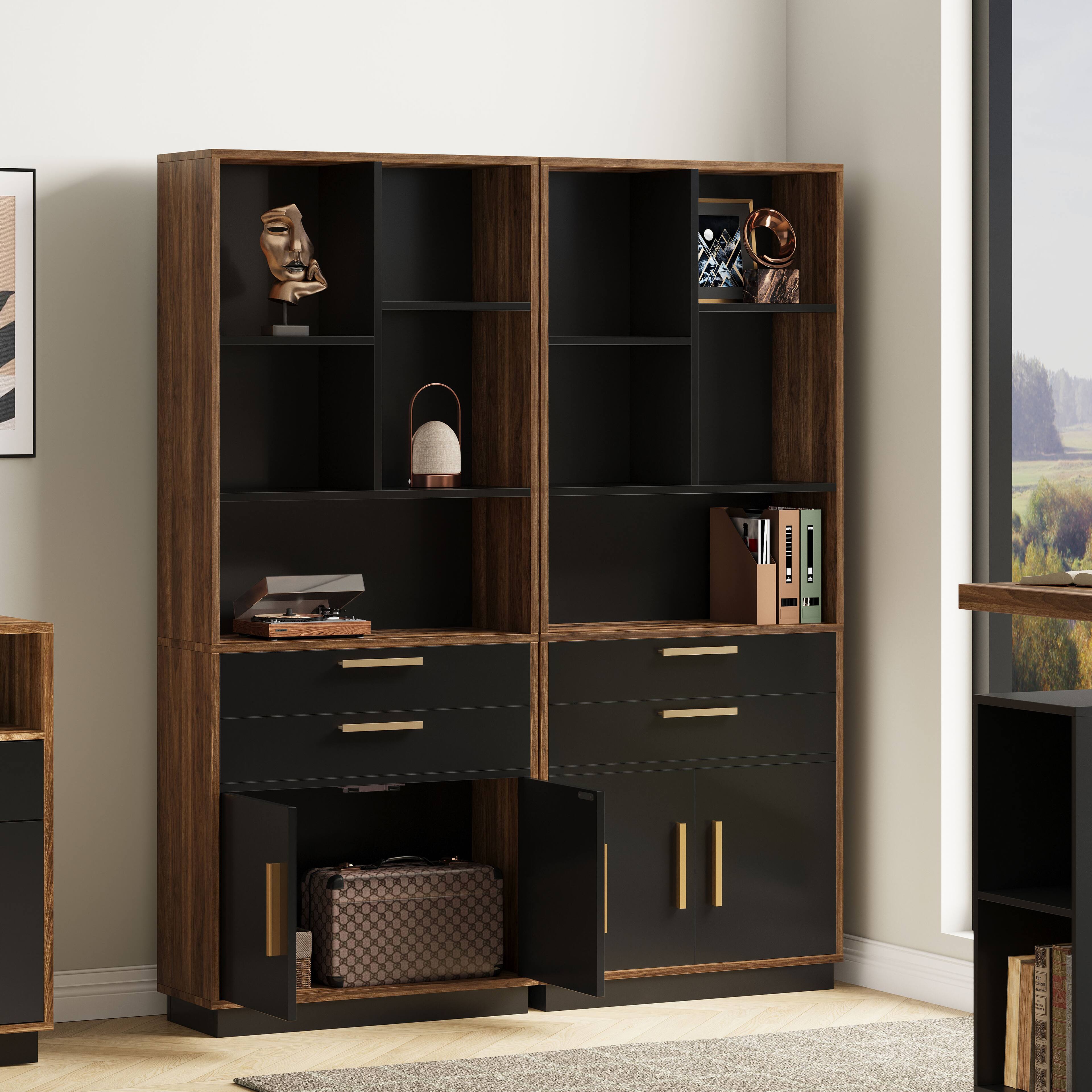 Alt View 6. ModernMate - 59 Inches Tall Black Walnut Bookshelf with Doors, 5 Cubes and 2 Drawers - Black Walnut.