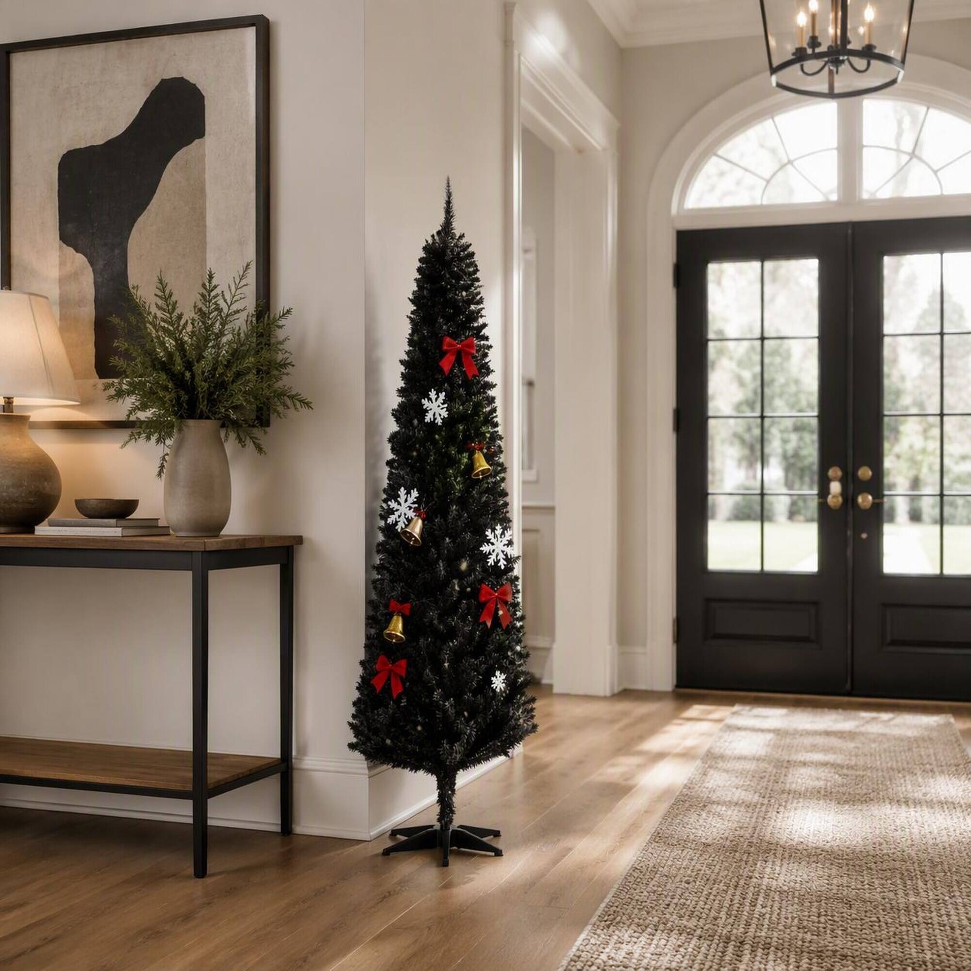 Alt View 2. RYHNUYNE - Slim Artificial Christmas Tree With Realistic Branch Tips, Plastic Stand Hinged Design Easy Setup Holiday Decor - Black.