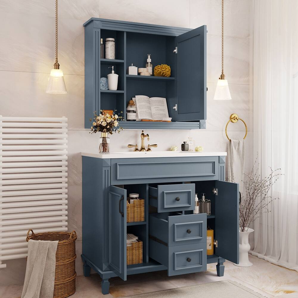 Back. Loheer - Loheer 36 inch Bathroom Vanity Royal Blue Vanity with Mirror - Blue.