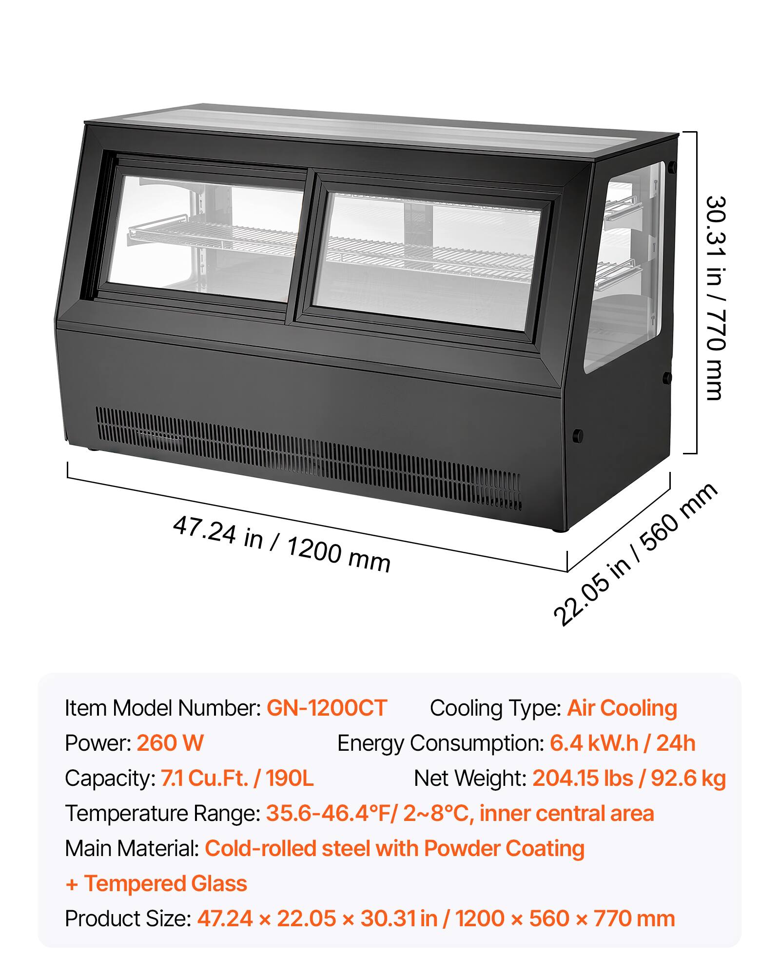 - Item Model Number: GN-1200CT
- Cooling Type: Air Cooling
- Power: 260 W
- Energy Consumption: 6.4 kW.h / 24h
- Capacity: 7.1 Cu.Ft. / 190L
- Net Weight: 204.15 lbs / 92.6 kg
- Temperature Range: 35.6-46.4°F / 2-8°C, inner central area
- Main Material: Cold-rolled steel with Powder Coating + Tempered Glass
- Product Size: 47.24 x 22.05 x 30.31 in / 1200 x 560 x 770 mm

Dimensions:
- 47.24 in / 1200 mm (width)
- 22.05 in / 560 mm (depth)
- 30.31 in / 770 mm (height)