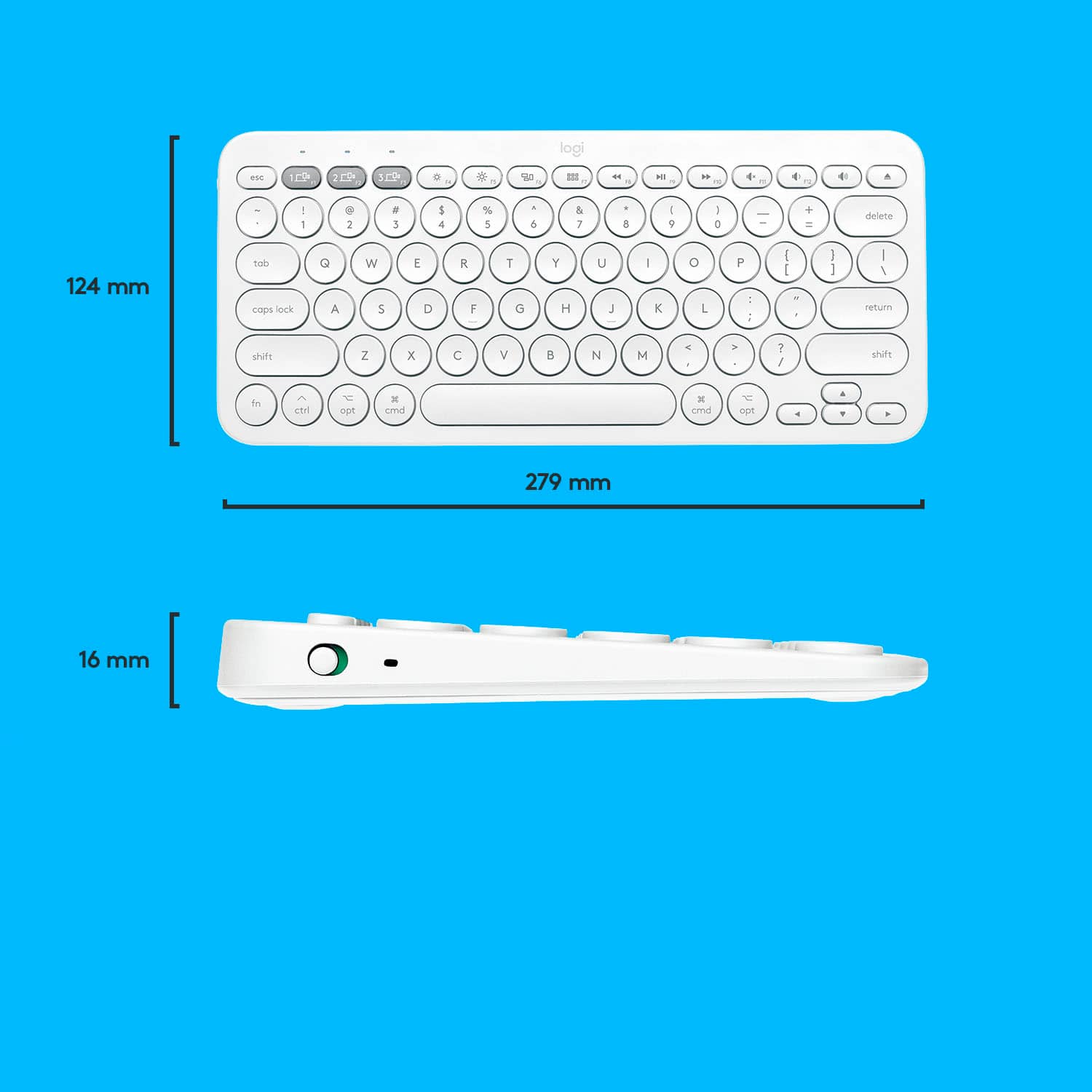 Logitech keyboard is 124 mm long.