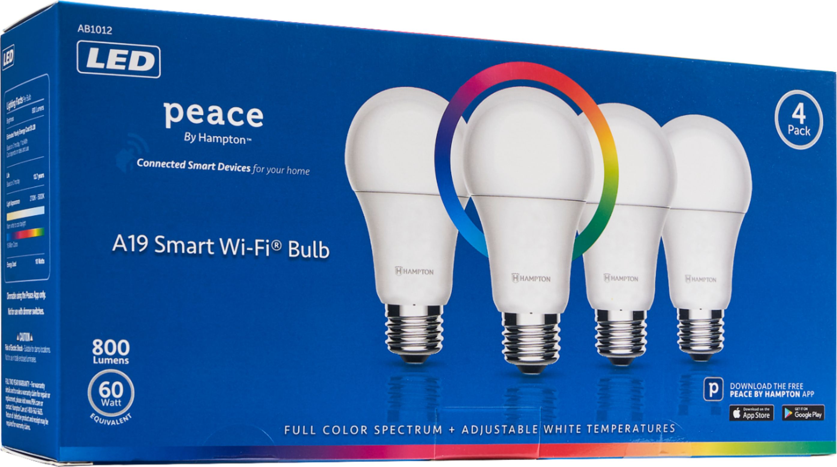Angle View: Peace by Hampton - A19 LED Smart Wi-Fi Bulb (4-pack) - Full Color