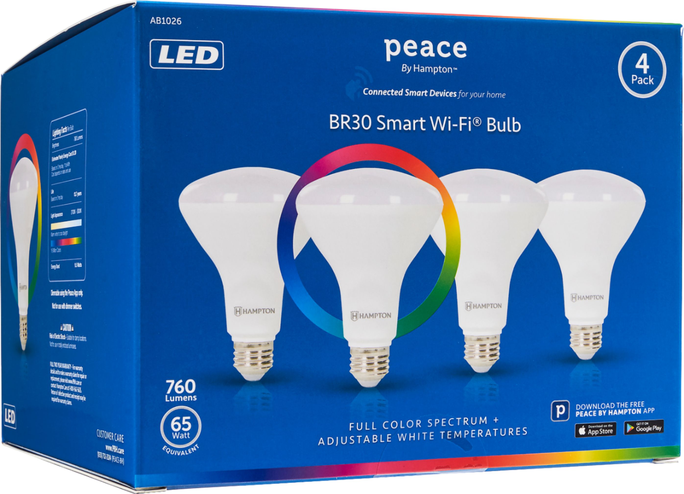 Angle View: Peace by Hampton - BR30 LED Smart Wi-Fi Floodlight Bulb (4-pack) - Full Color