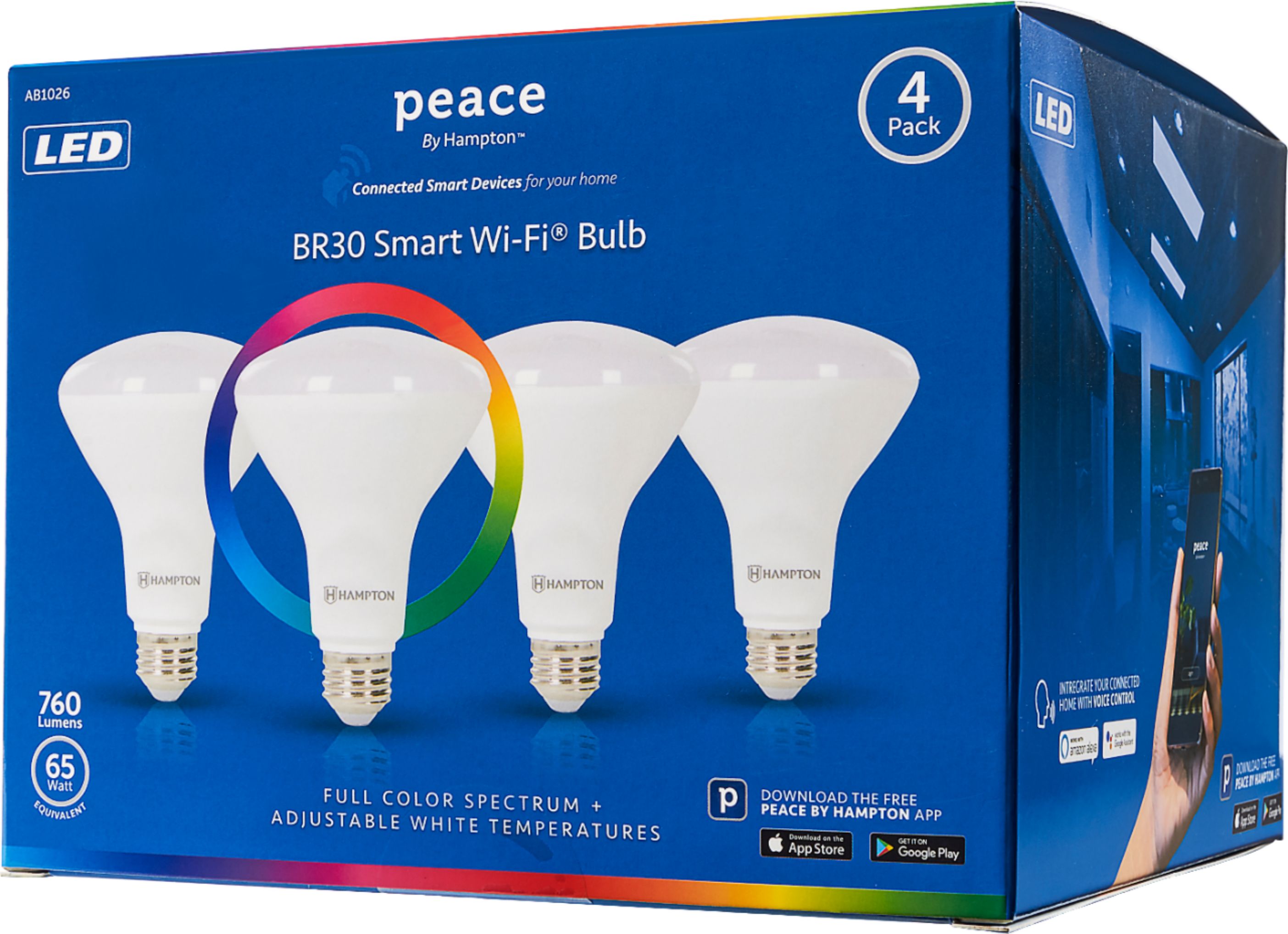 Left View: Peace by Hampton - BR30 LED Smart Wi-Fi Floodlight Bulb (4-pack) - Full Color