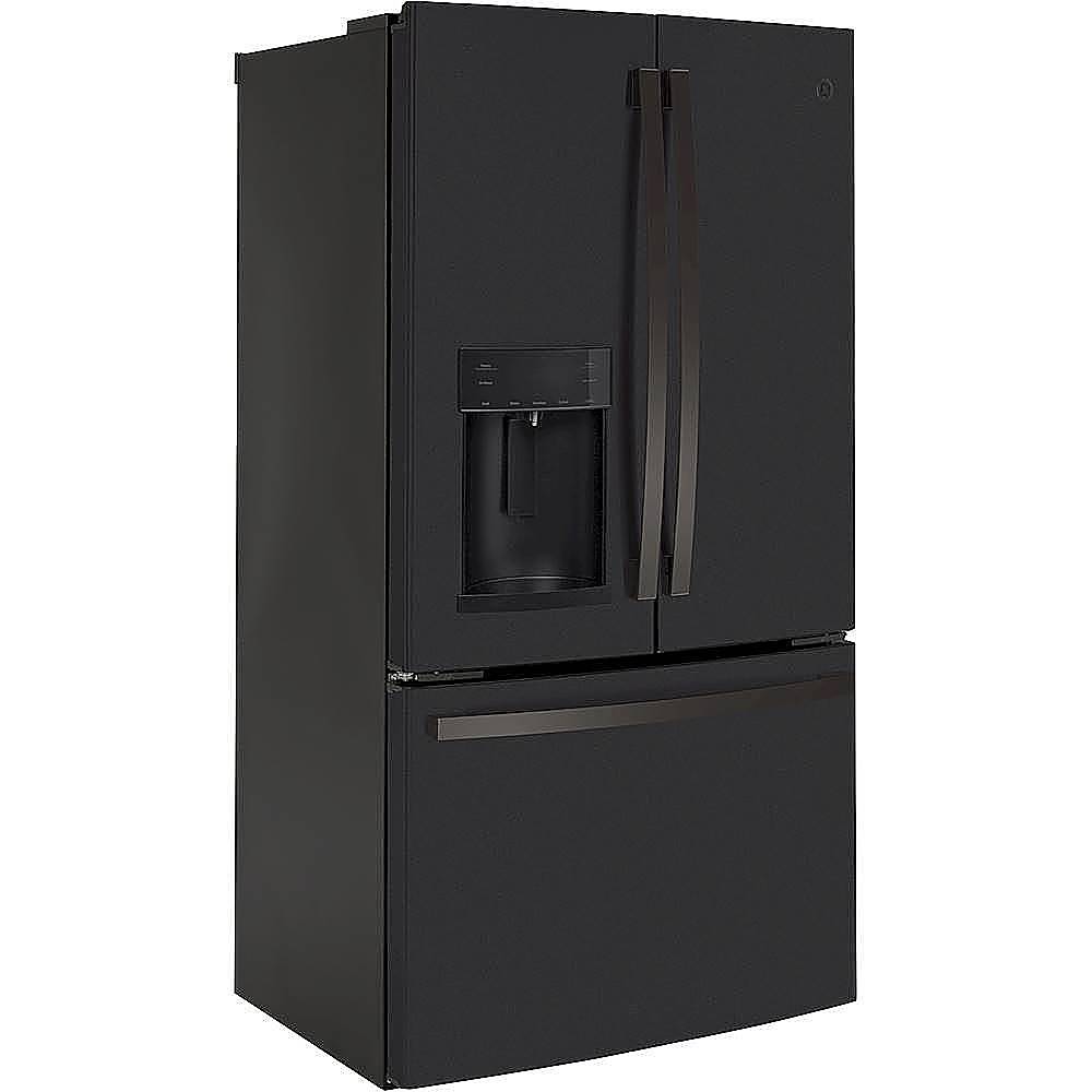 Angle. GE - 22.1 Cu. Ft. French Door Counter-Depth Refrigerator - Fingerprint resistant black slate.