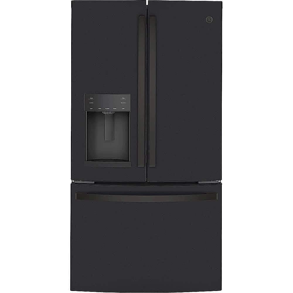 Front. GE - 22.1 Cu. Ft. French Door Counter-Depth Refrigerator - Fingerprint resistant black slate.