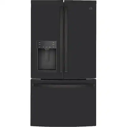 Front. GE - 22.1 Cu. Ft. French Door Counter-Depth Refrigerator - Fingerprint resistant black slate.